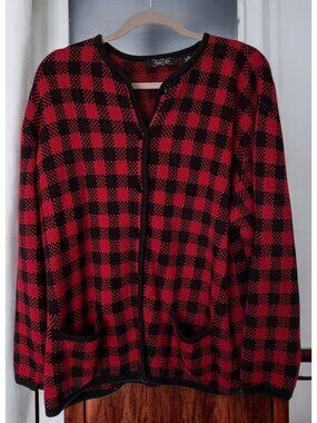 Crystal Kobe Plaid Cardigan Sweater Womens Size 2X Red & Black Preppy 90s